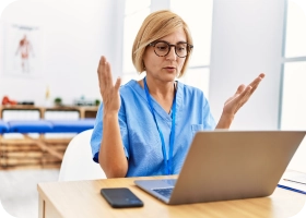 médica com a mãos para cima, com expressão de confusão, sentada em frente do seu computador