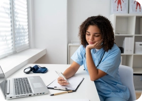 médica olhando para seu celular na mão em frente ao computador